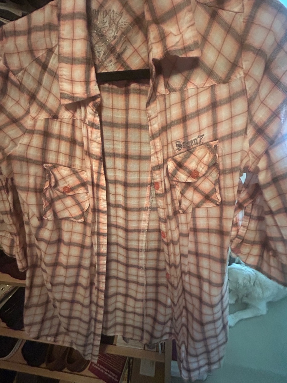 Seven7 Women's Peach Plaid Button-Down Shirt